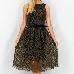 Elegant Black with Gold Lace Midi A-Line Cocktail Dress